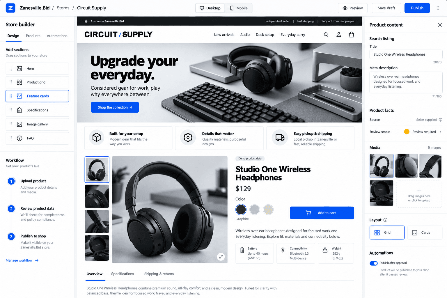 The Zanesville.Bid store builder showing a product page ready to publish